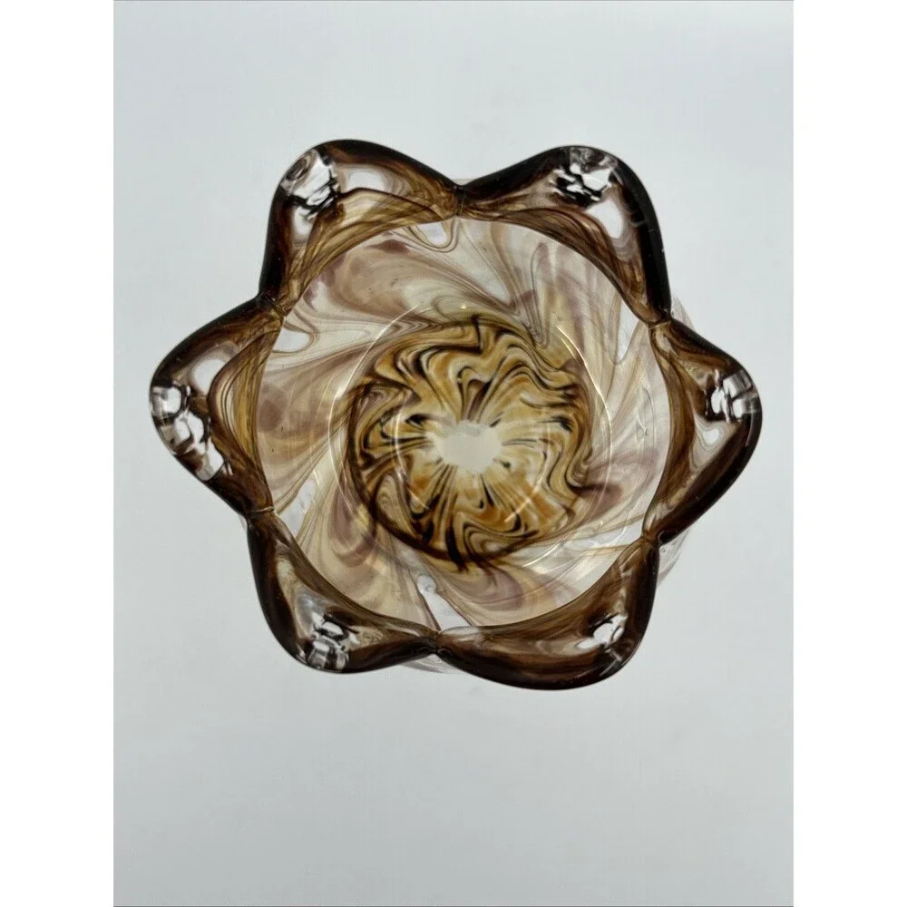 MURANO Italy Hand Blown White Cristal Light Amber Art Glass Petal Vase Bowl